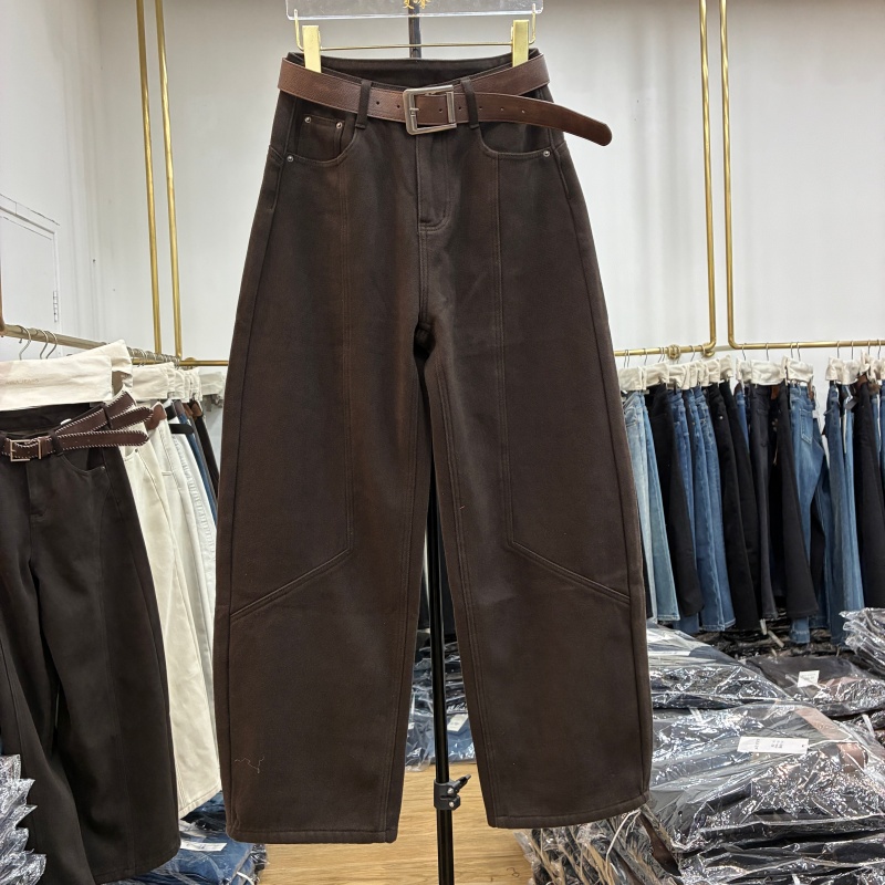 艾拿2025冬款55099咖色薄绒高腰直筒牛仔裤女宽松显瘦阔腿弯刀裤