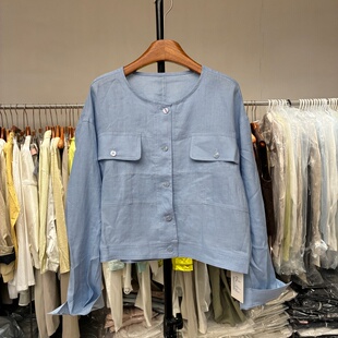 欧货春夏新款 百搭宽松显瘦亚麻圆领小香风外套防晒衣女26010 时尚