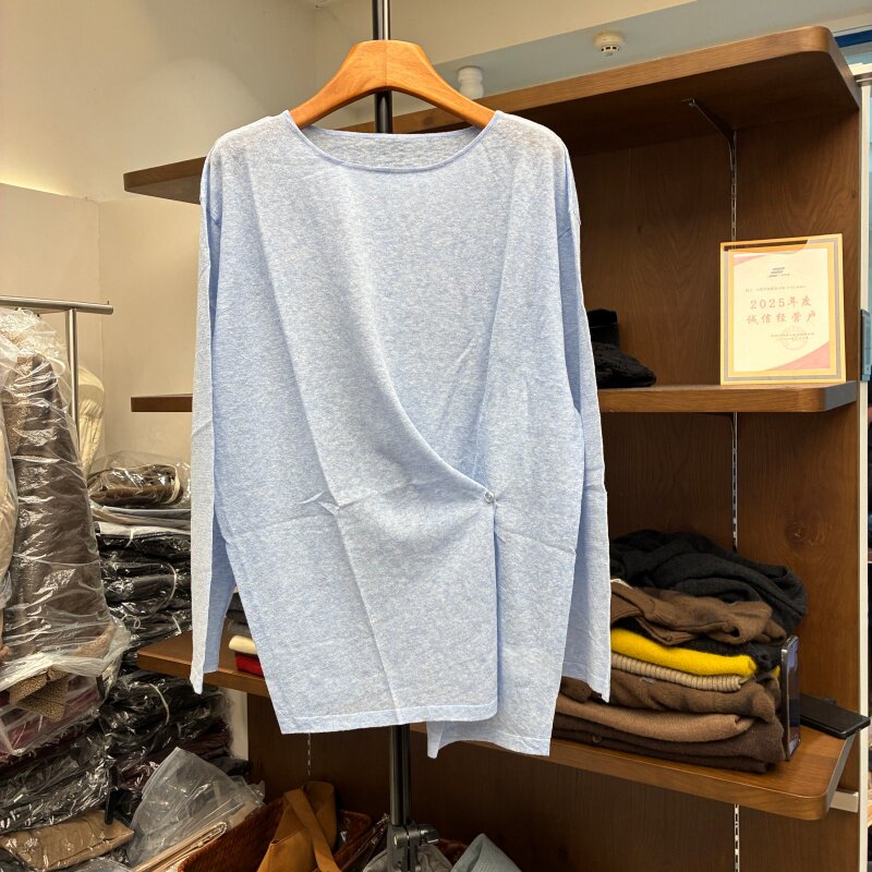 亚麻混纺套头针织罩衫女薄款早秋前开叉设计长袖衫防晒空调衫上衣