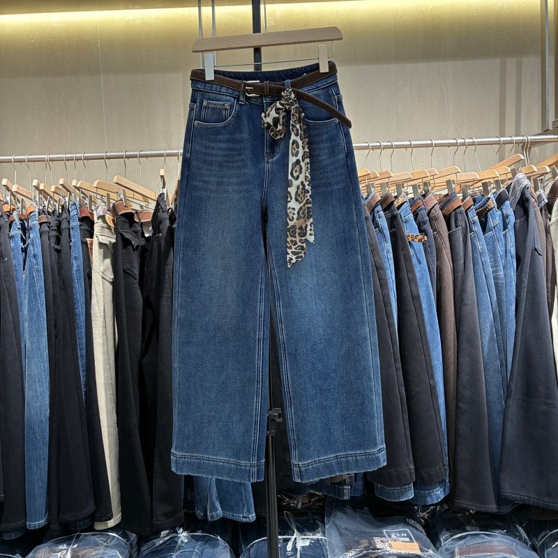 欧货加绒高腰直筒牛仔裤女宽松2025冬季新款显瘦小个子阔腿拖地裤