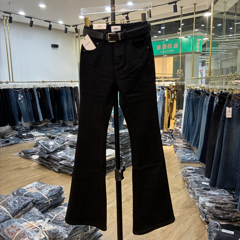 INA艾拿2025冬98709抓绒高腰修身微喇裤女显瘦百搭牛仔喇叭长裤