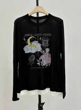 欧货2026春夏新款圆领拼接蕾丝长袖T恤女宽松百搭休闲上衣26626