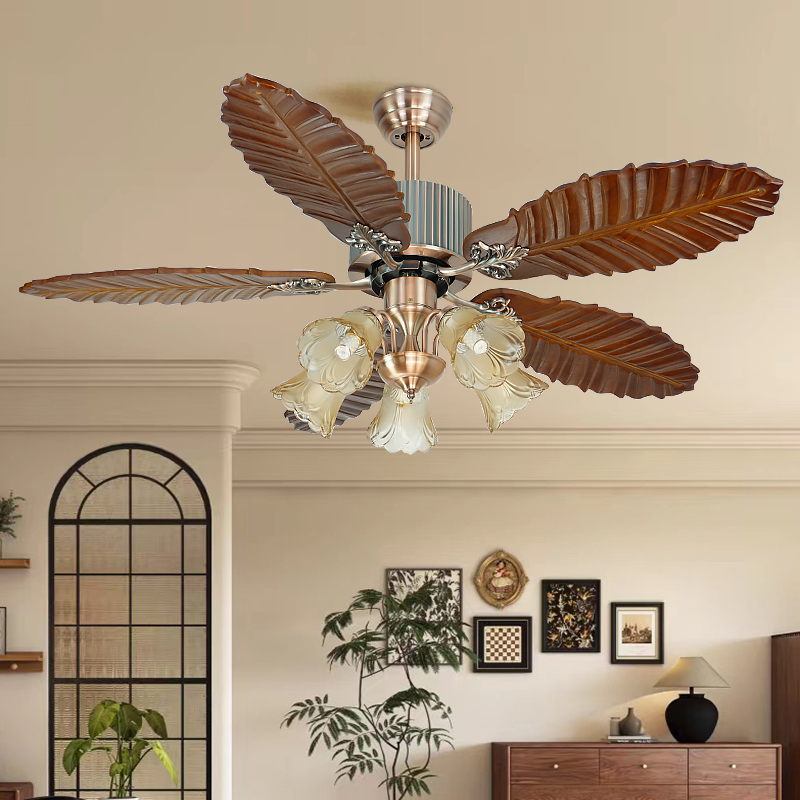 欧美式变频风扇田园林餐客厅仿复古东南亚芭蕉实木叶家用吊扇带灯