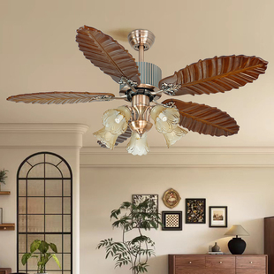 欧美式变频风扇田园林餐客厅仿复古东南亚芭蕉实木叶家用吊扇带灯