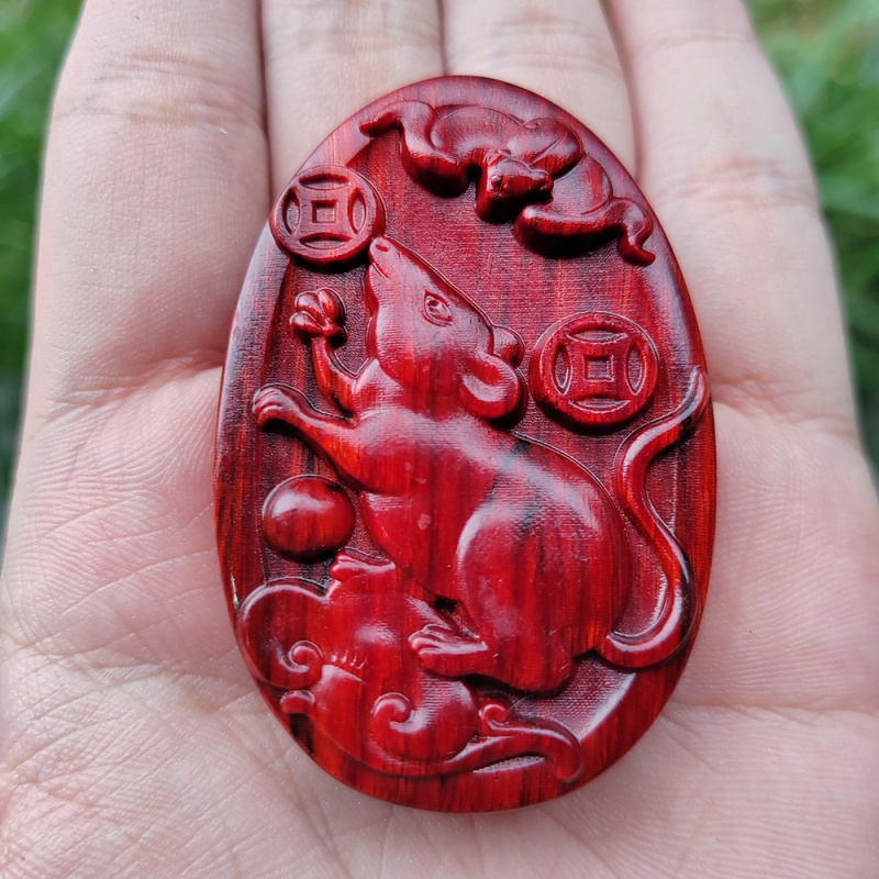 新中式紫檀木牌生肖鼠牌吊坠实木雕刻老鼠项链挂件平安无事牌木雕