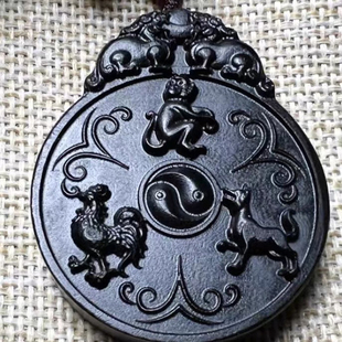 三会金局乾卦黑檀木猴鸡狗吊坠项链五行补金紫光檀挂件申酉戌定制