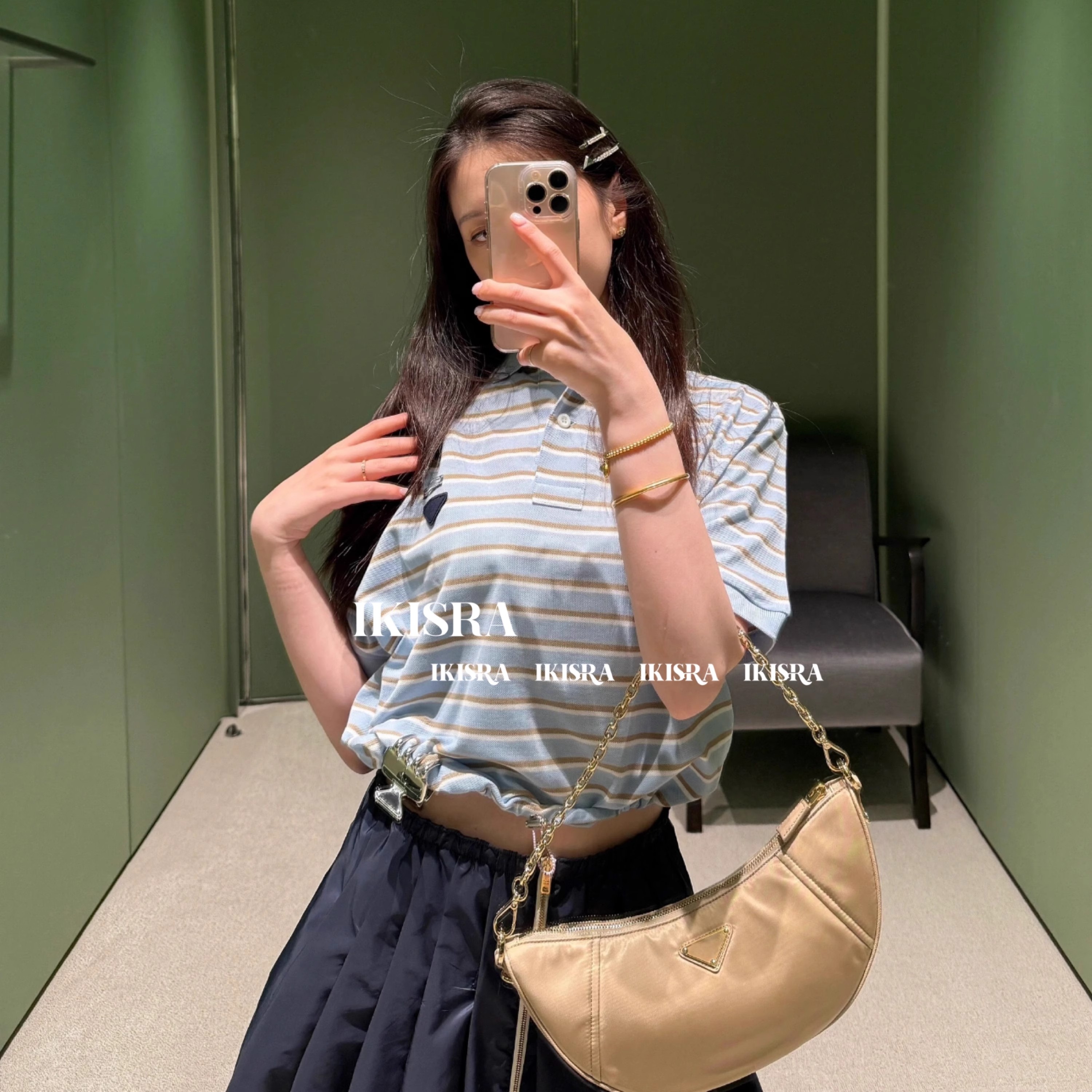 辣妹老钱风Polo领条纹短袖女