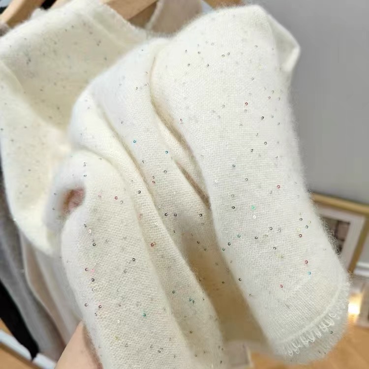 定制珠片纱！星河爆闪山羊绒重工手工毛边圆领插肩宽松毛衣打底衫
