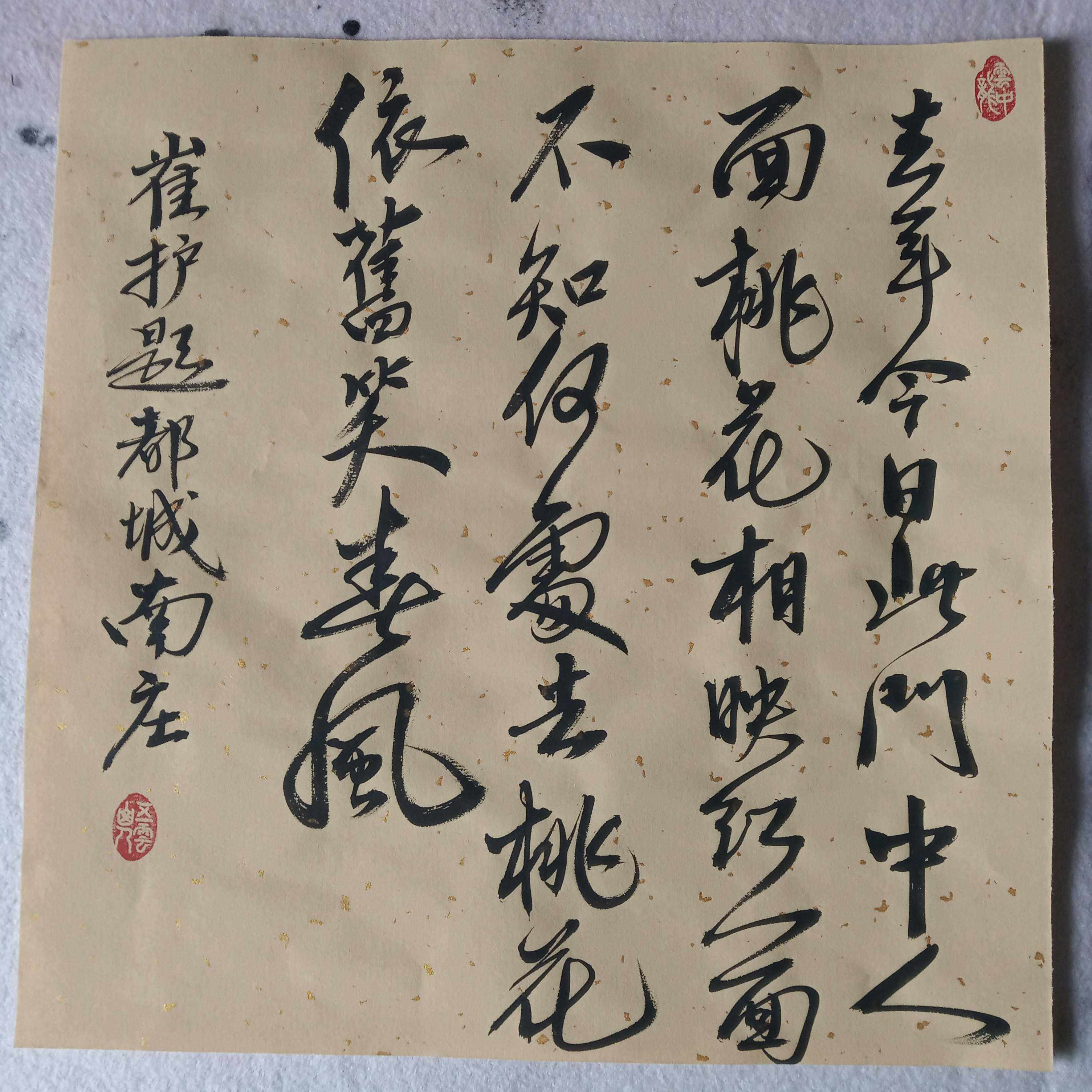 崔护诗题都城南庄五云山人亲手写书法真迹四尺洒金宣八开小品斗方