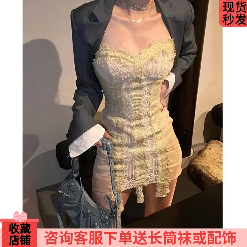 韩版时尚西装外套蕾丝拼接抹胸连衣裙子2022秋季新款洋气套装女潮