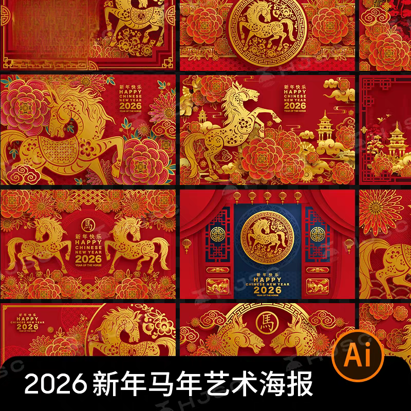 红色喜庆2026马年新年春节剪纸风插画海报图案舞台背景AI矢量素材