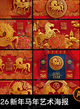 红色喜庆2026马年新年春节剪纸风插画海报图案舞台背景AI矢量素材