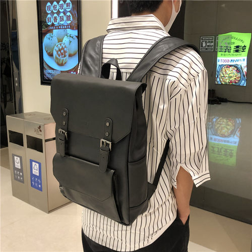 三盒子校园风男双肩包PU学生背包