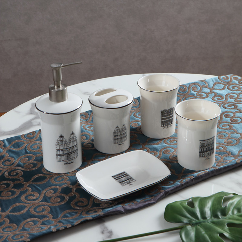 现代简约高档卫浴用品洗漱套装家用陶瓷漱口杯样板房浴室装饰摆件