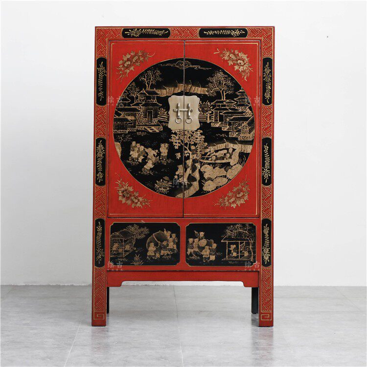 新中式实木手绘衣柜仿古榆木描金复古风衣厨卧室挂衣置物柜