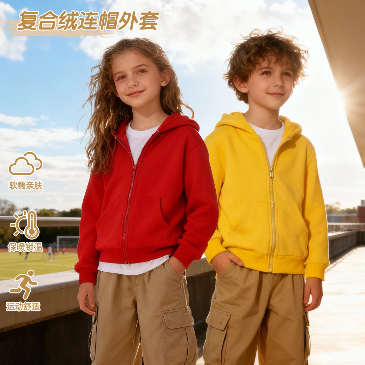 秋冬幼儿园学生拉链连帽上衣男女童装儿童加厚加绒卫衣外套黄红蓝