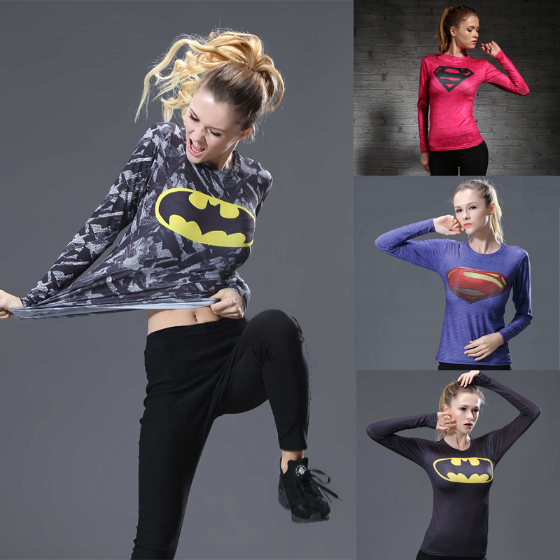包邮漫威T恤美队超人紧身衣t恤女运动长袖瑜伽健身服弹力速干上衣