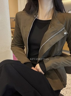 KEYANKETIAN 2610 美式设计斜拉链立领短款麂皮绒皮夹克修身外套