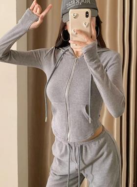 KEYANKETIAN 24545 辣妹灰色磨毛连帽卫衣女修身显瘦拉链开衫短款