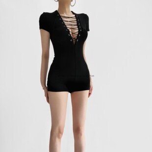 连体短裤 辣妹性感镂空系带V领短袖 女外穿连体衣 2508 KEYANKETIAN