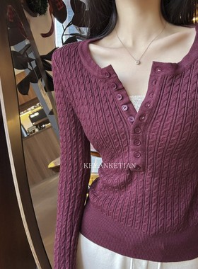 KEYANKETIAN 25187 韩系V领纽扣麻花纹针织衫修身显瘦打底衫上衣