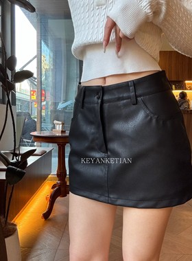 KEYANKETIAN 25185 酷辣风黑色PU皮半身裙高腰A字短裙修身辣妹裙