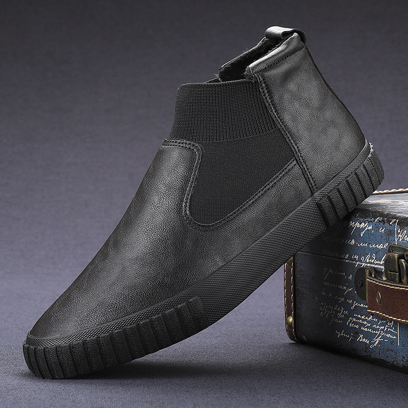 高帮皮鞋男秋冬季一脚蹬加绒棉鞋2026新款韩版百搭男士休闲皮鞋子