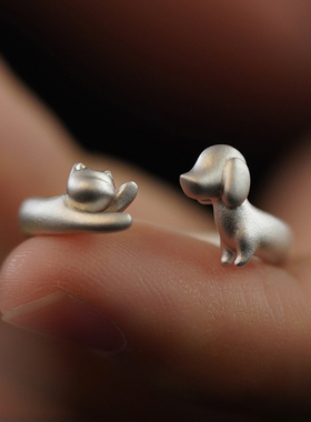 不宣原创设计新品猫狗双全戒指纯银开口可调节可爱小猫小狗戒子