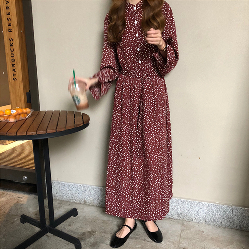 Real-price autumn-winter Korean version of chiffon long-sleeved dress with broken flowers and wavy points