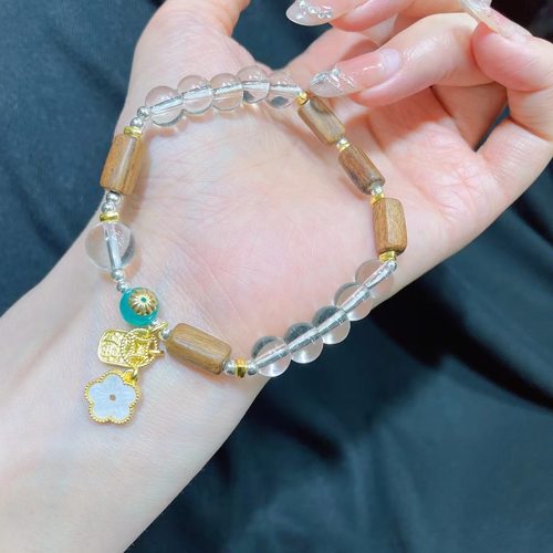 原创新款花梨木小花白水晶招财招桃花手链手串直播供货饰品