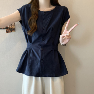 上衣 气质甜美风复古方领短袖 衬衫 女2025宽松显瘦遮肚薄款 蓝色短袖