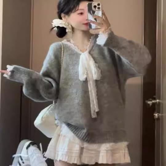 中长款V领套头甜美风毛衣女2024新款秋冬宽松外穿显瘦针织衫上衣