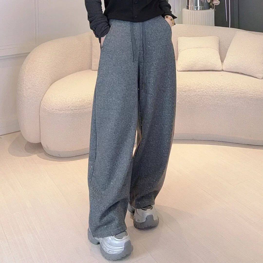冬季满天星加绒毛呢阔腿裤女2026松紧高腰宽松百搭潮流加厚直筒裤
