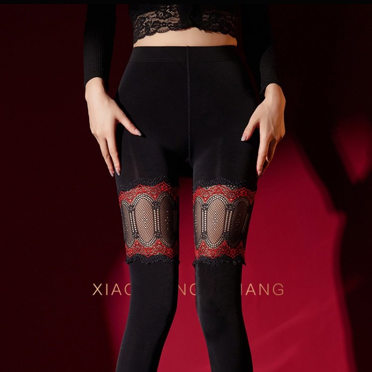 水光加绒加厚假两件蕾丝镂空拼接连裤袜女情调性感假过膝高筒袜子