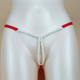 2排珍珠丁字裤女性感弹力珠子开档t裤大码一根带子女士内裤摩擦