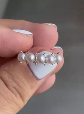 天然珍珠戒指s925银排戒高级感