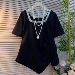 新款 T恤女通勤显瘦半袖 大码 轻奢风方领重工亮片短袖 时尚 2026夏季