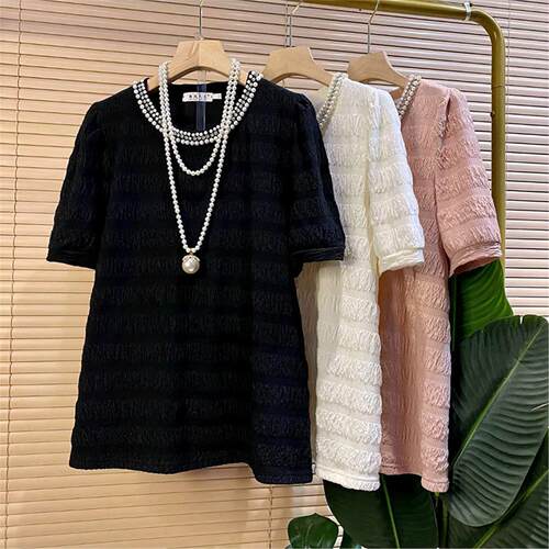 重工钉珠钉钻领气质短袖女人衫胖mm夏季新款百搭显瘦上衣大码女装