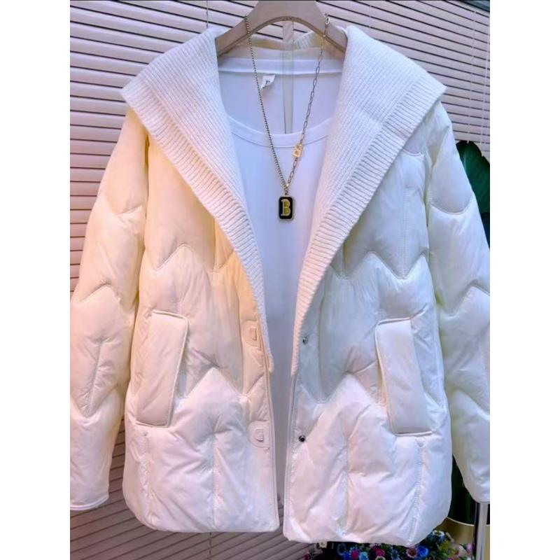 大码女装秋冬新款针织连帽拼接轻外套女加厚夹棉保暖时尚棉服上衣