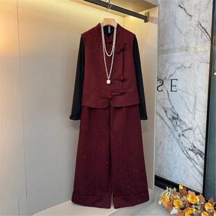 2025秋冬季新款大码女装新中式复古盘扣时尚马甲内搭裤子三件套