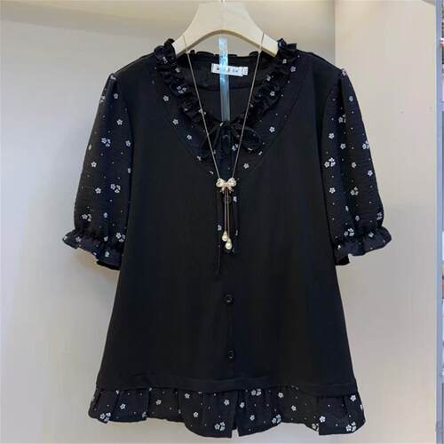 大码女装夏季新款甜美蝴蝶结袖假两件木耳边碎花显瘦半袖女人衫潮