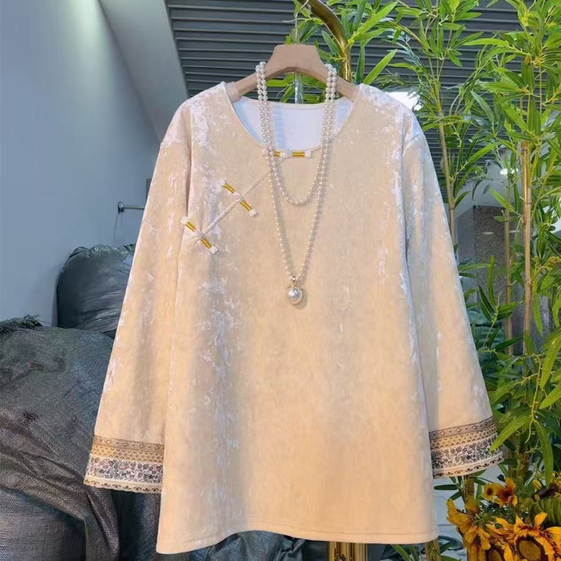 大码女装秋冬新款时尚新中式风长袖提花刺绣大衫女蕾丝拼接上衣潮