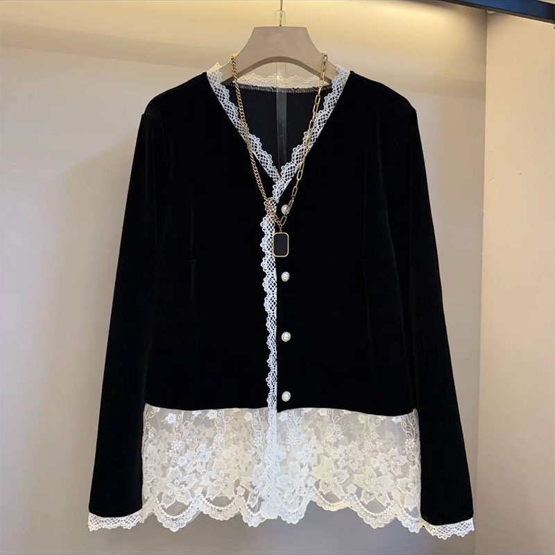 法式复古拼接蕾丝款打底衫V领洋气显瘦上衣胖妹妹大码女装新款女