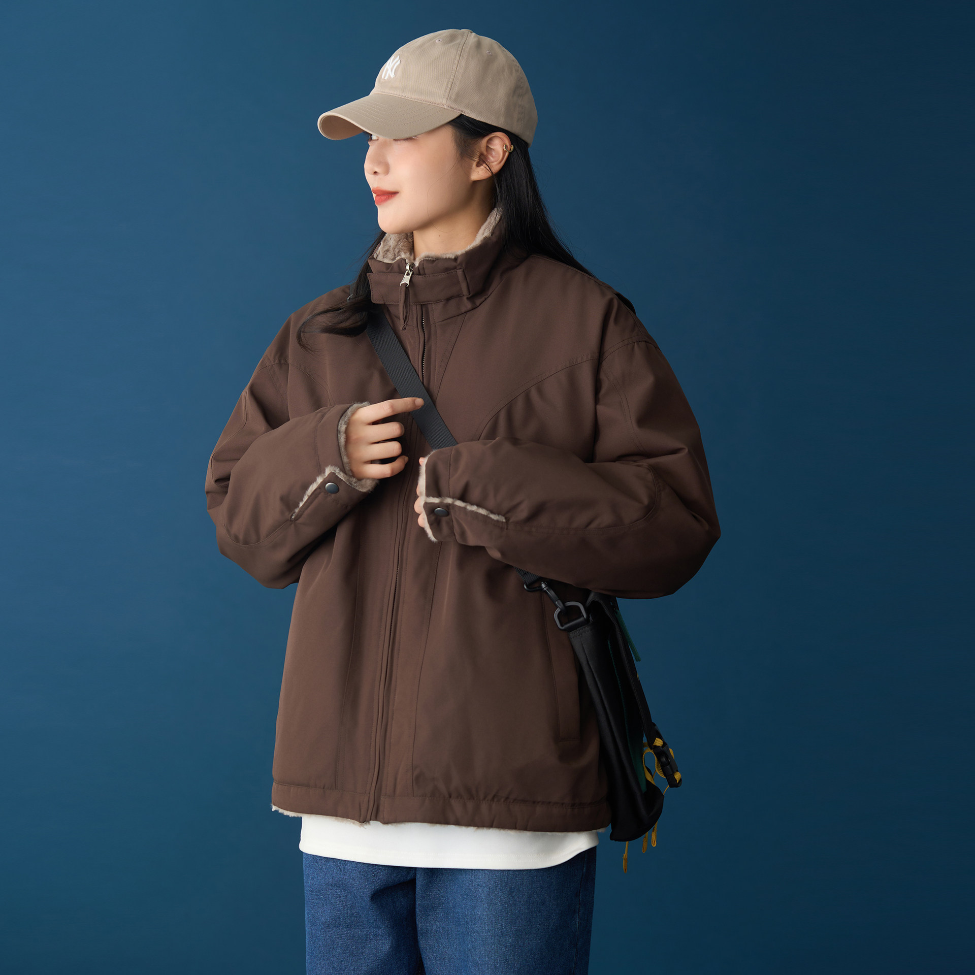 双面穿棉服女冬季新款美式立领短款棉袄座山雕白虎纹绒面保暖棉衣