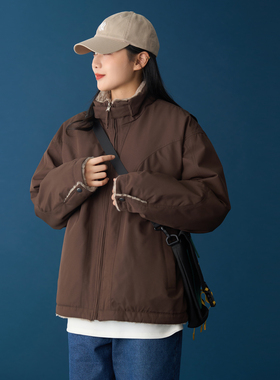 双面穿棉服女冬季新款美式立领短款棉袄座山雕白虎纹绒面保暖棉衣