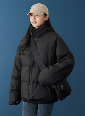 黑色羽绒服女2024冬季新款百搭纯色宽松轻薄立领外套小个子羽绒衣