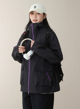 外套女春秋户外休闲冲锋衣2025春季新款撞色双拉链大口袋宽松夹克