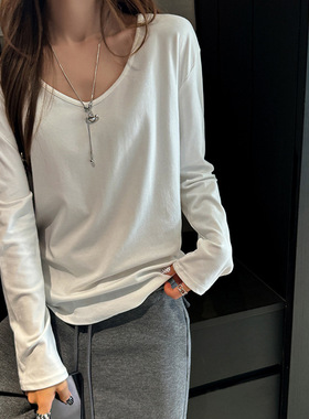 慵懒风灰色V领宽松版长袖t恤女休闲百搭秋冬季内搭简约打底衫