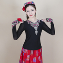 维族舞艺考生练功服上衣 民族风绣花烫钻打底衫 新款 新疆舞演出服装