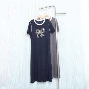 随时休闲感过膝长裙！女空气棉水溶彩色钉珠蝴蝶结圆领口袋连衣裙